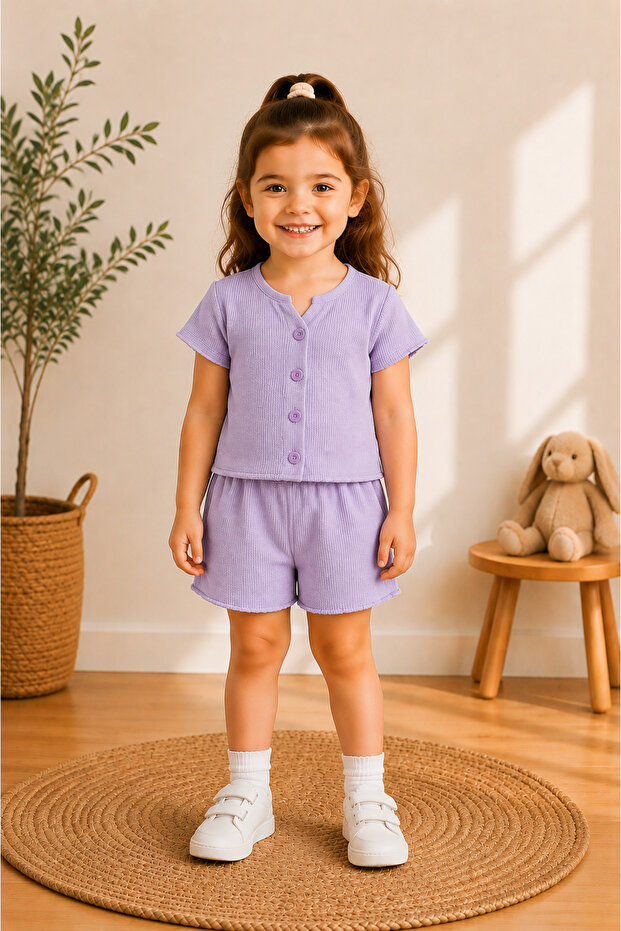 Girl's Waffle Fabric Shorts Set Buttoned Summer Top and Bottom Set 12-18 Months – 5 Years
