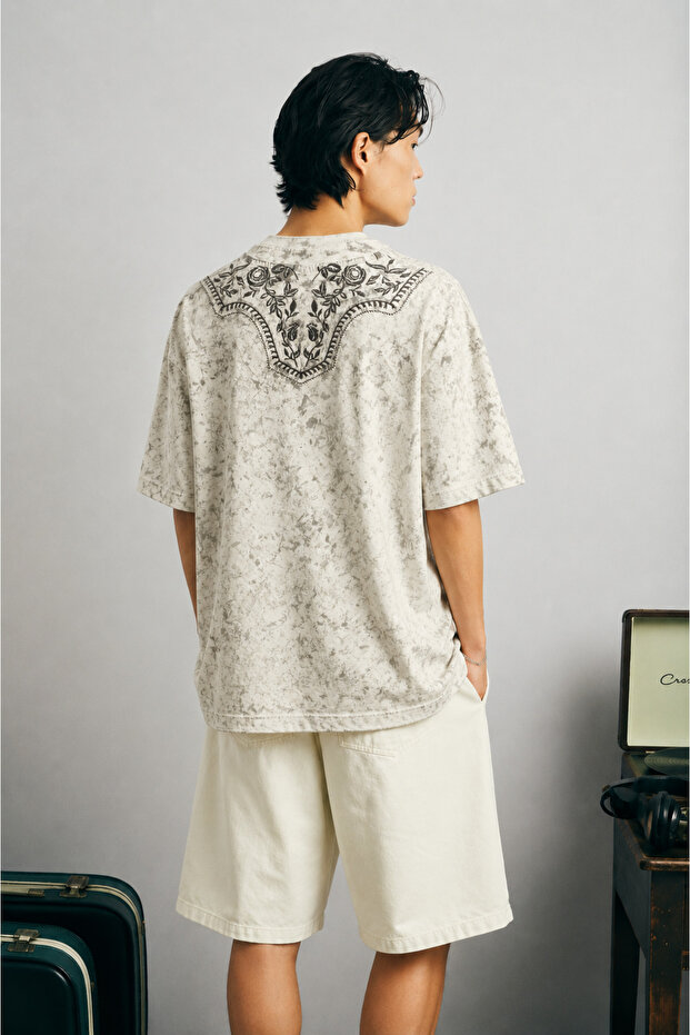 Unisex Ecru Oversize 100% Cotton Back and Front Printed Crew Neck Street Style T-Shirt Polize