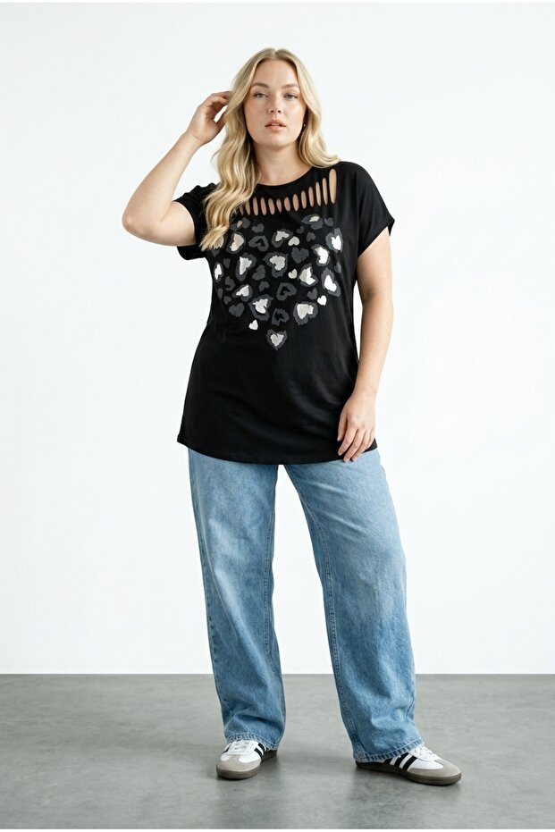 Plus Size Metallic Printed T-Shirt with Ripped Detail