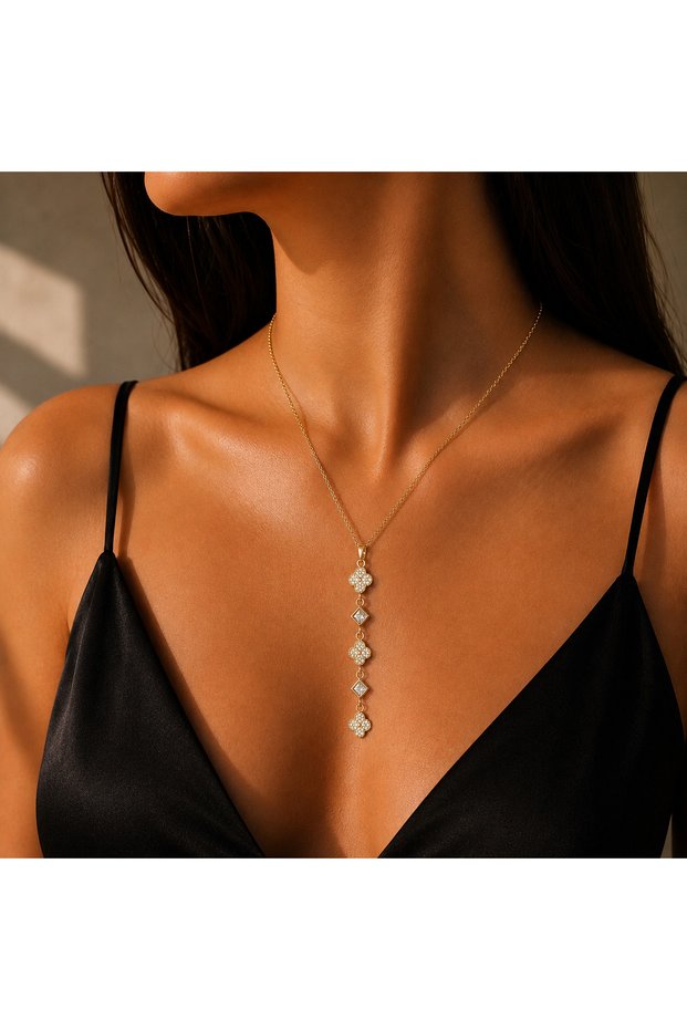 Clover Y Necklace - Stainless Steel Zircon Stone Y Necklace