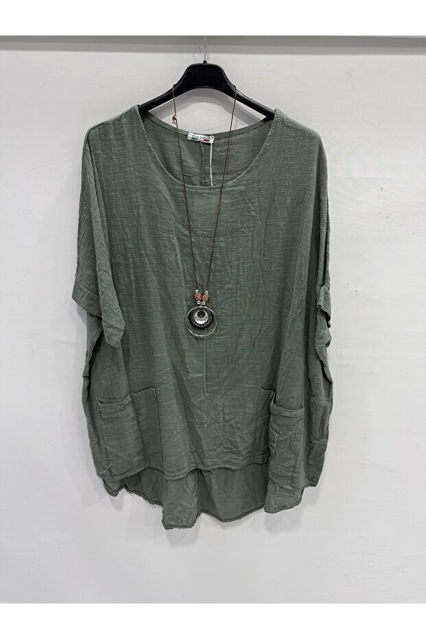 Khaki Italian Plus Size Asymmetrical Cut Long Blouse Tunic with Necklace 42 - 52 Size