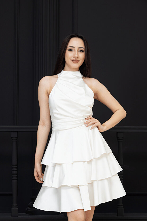 Rochie mini din satin - CREM - 4