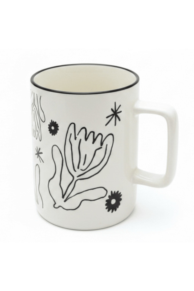 Botanical Line Art Ceramic Mug – White & Black | 400 ml