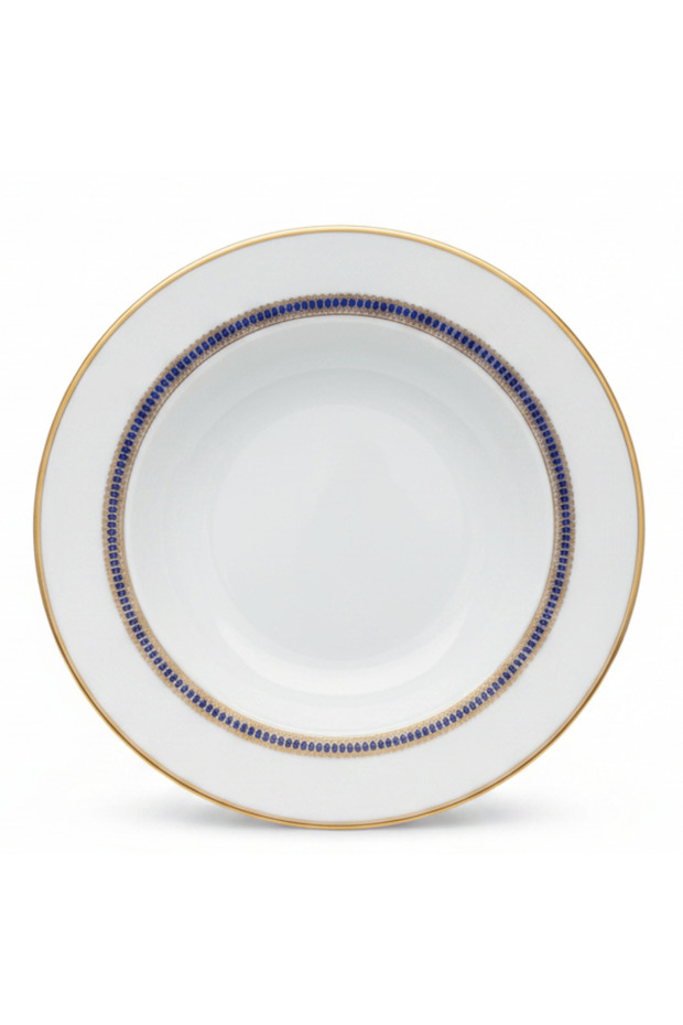 Decopor White Porcelain Soup Plate with Golden Rim & Cobalt Blue Design — 8.5 Inch