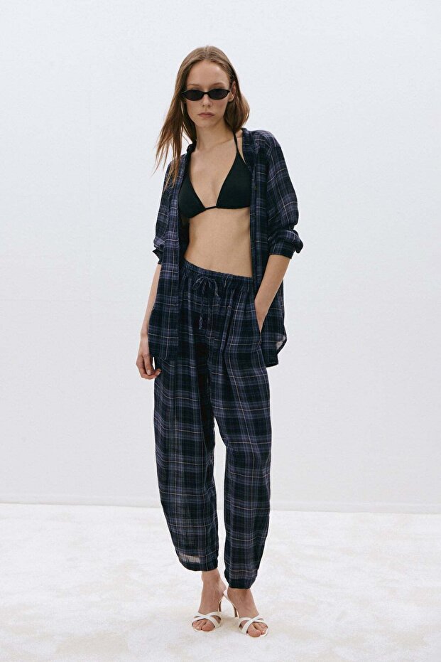 Navy Blue Sydney Plaid Balloon Pants