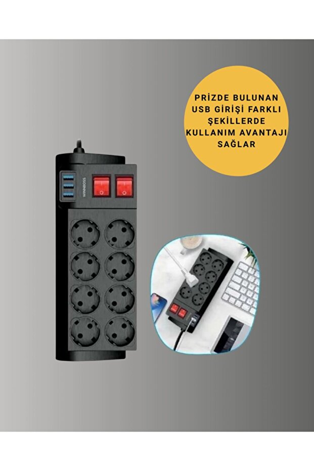 8 مقابس مع حماية حرارية قوية + 3 كابلات تمديد متعددة USB بطول 2 متر