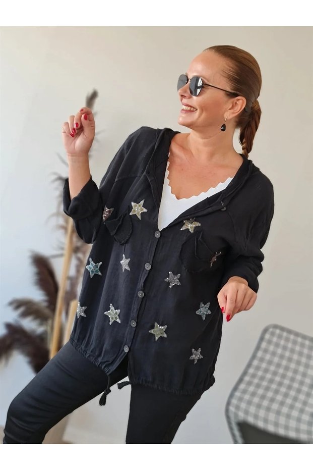 Women's Black Hooded Star Embroidered Long Sleeve Pocketed Drawstring Cotton Linen Shirt Jacket Pinterest