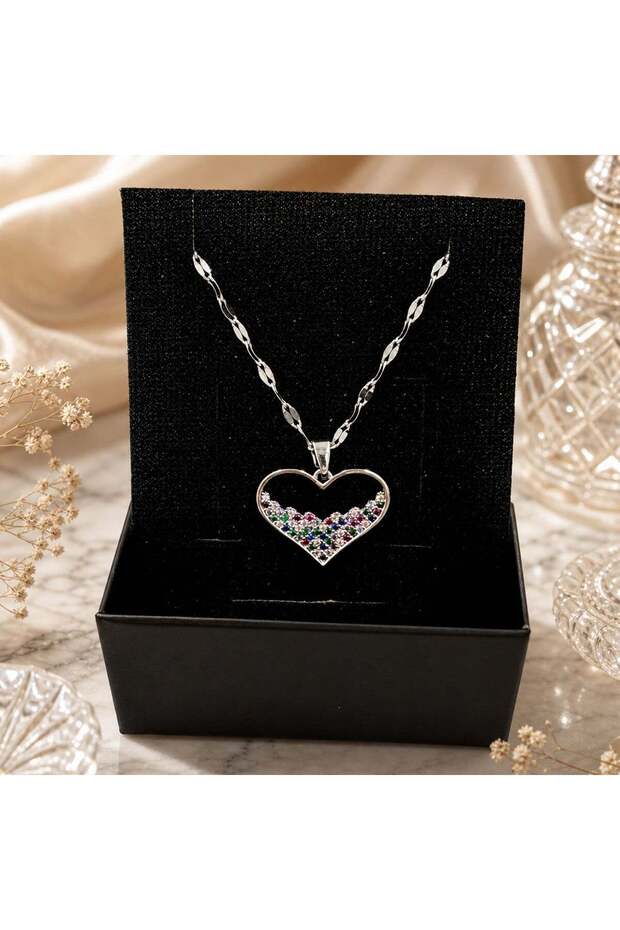 Women's Necklace with Colorful Stone Heart Figure - Elegant Steel Necklace That Does Not Tarnish