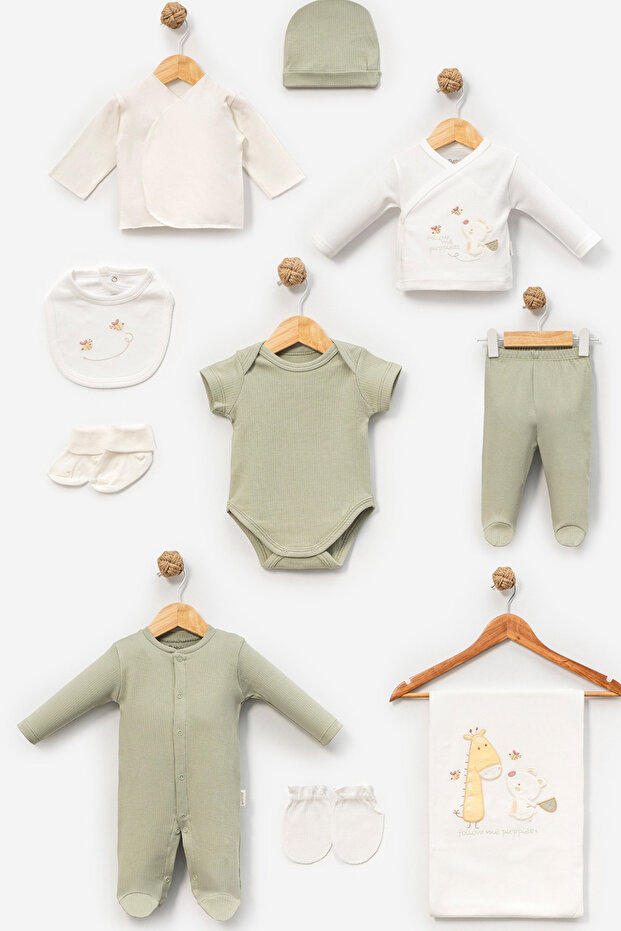Bebitof Cute Giraffe and Teddy Bear Patterned 10-Piece Boxed Newborn Hospital Discharge Bodysuit Set