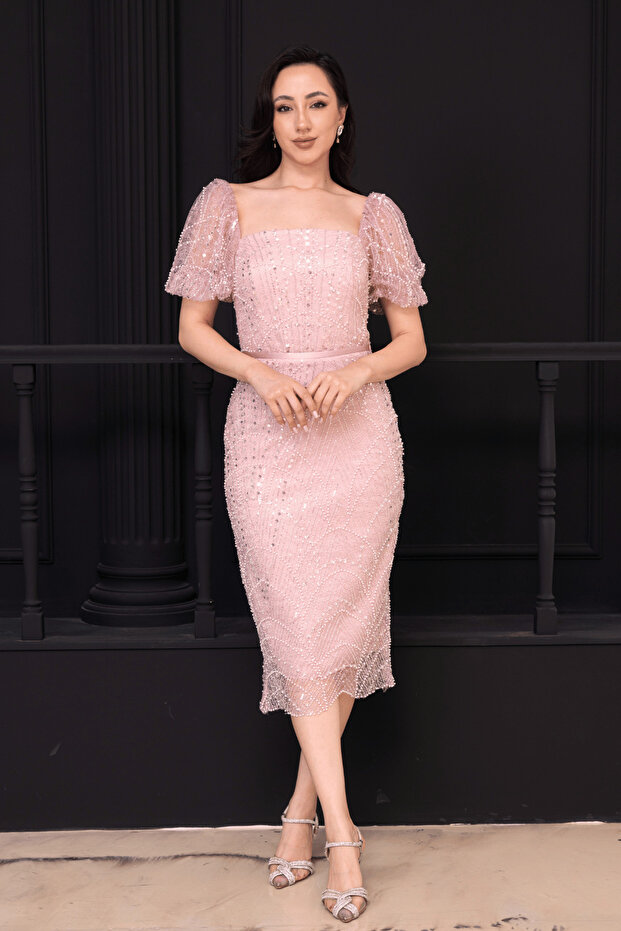 Square Neck Beaded Pencil Dress - Powder