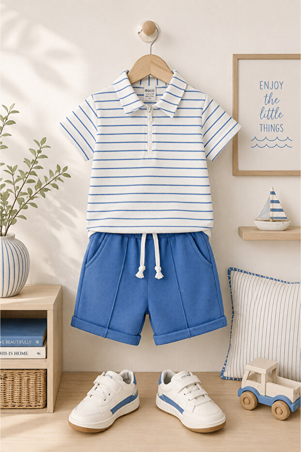Single Striped Zippered Waffle Fabric Summer Boys' Suit