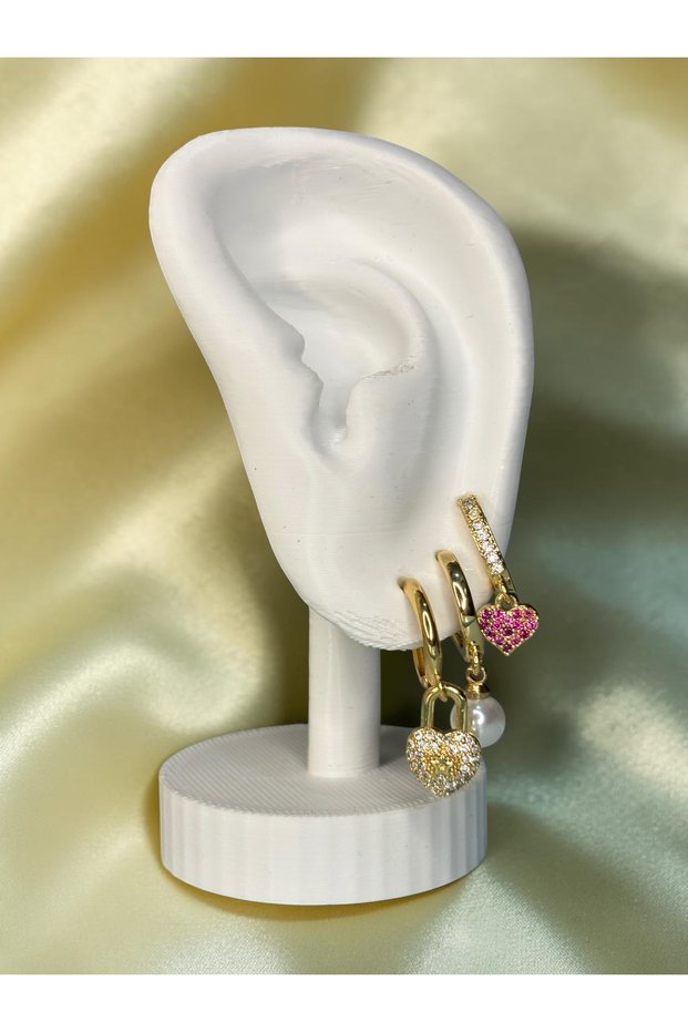 Set of 3 Steel Earrings with Heart Figures and Pearl Detail