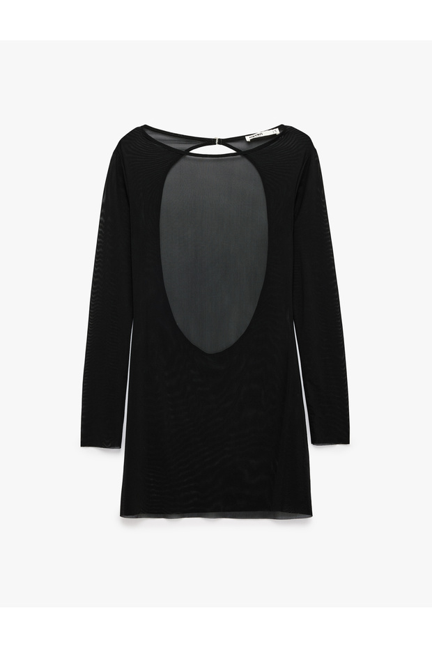 Long Sleeve Round Neck Transparent Tulle Beach Dress with Back Detail