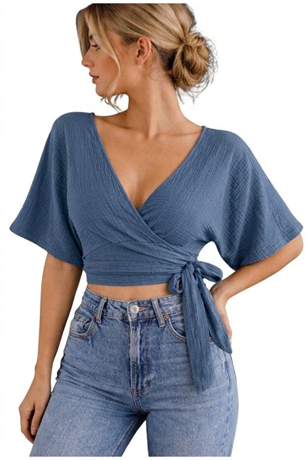 Muslin 100% Cotton V-Neck Tie-Back Blouse