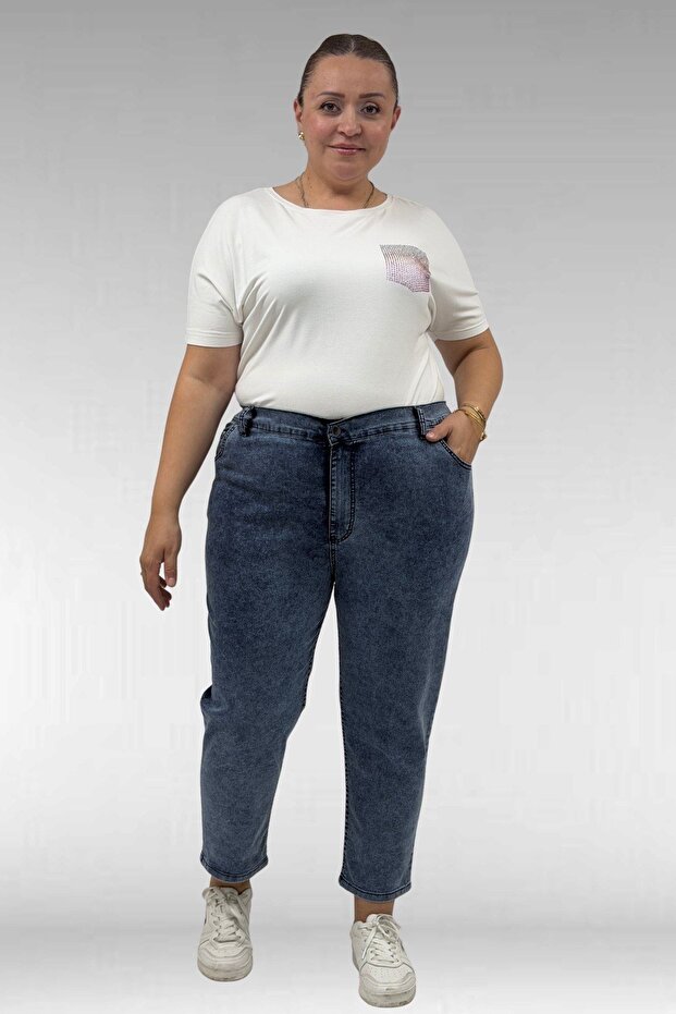 9125-8 Plus Size Boyfriend Jeans - Snow Wash Navy Blue