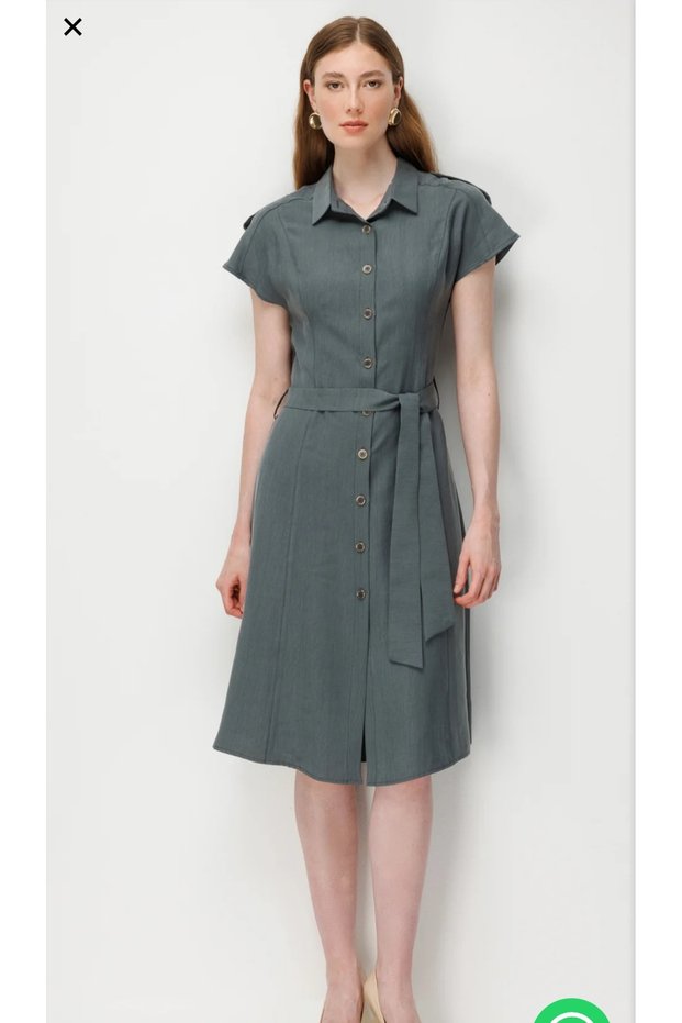 Shoulder Padded Belted Waist Midi Dress 74404