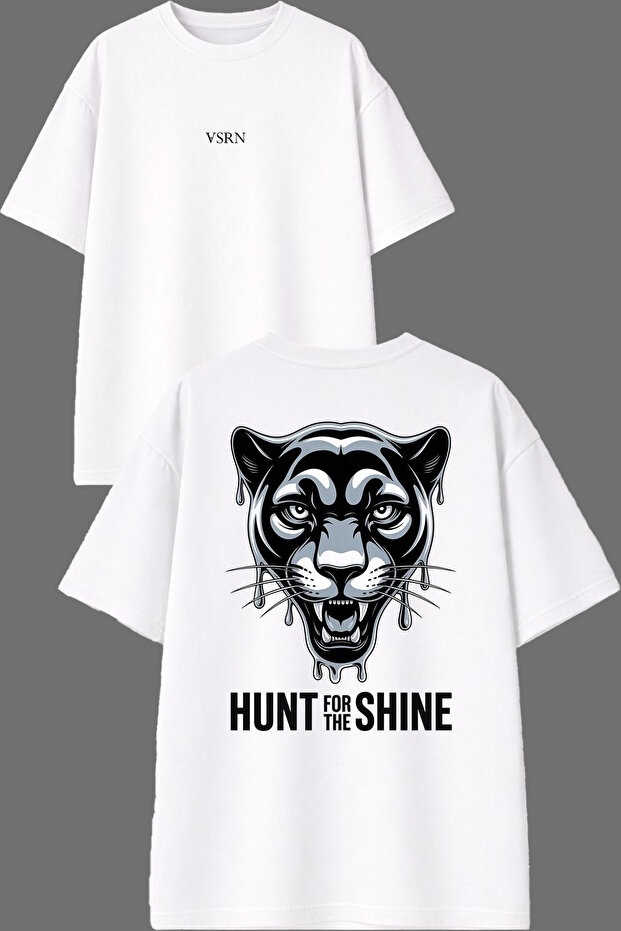 تي شيرت Hunt Is Shıne Design مطبوع من الأمام والخلف باللون الأبيض مقاس كبير