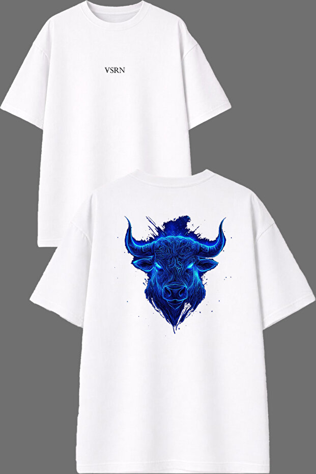 Blue Bull Design Front and Back Printed White Oversize T-Shirt