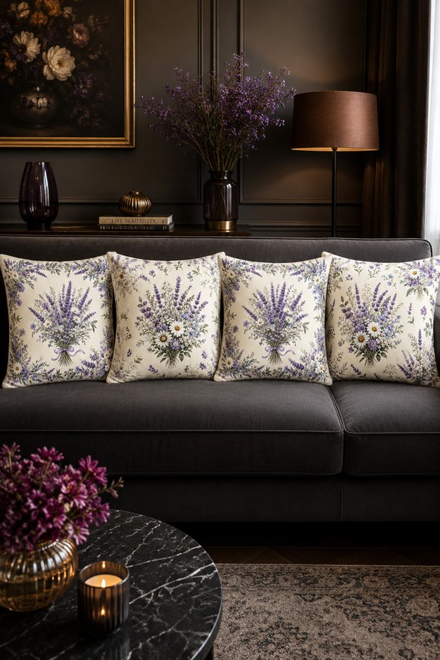 Lavender and Daisy Patterned 4-Piece Throw Pillow Cover Set