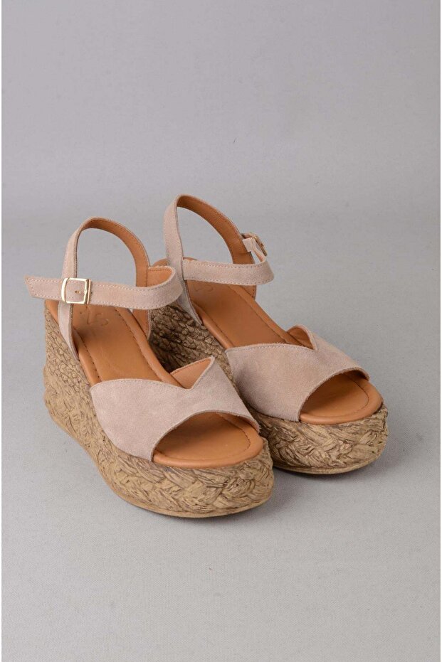 Seç 4036 Genuine Leather Padded Heel Sandals (Heel Height: 9 Cm, Platform: 3 cm) Mink Suede