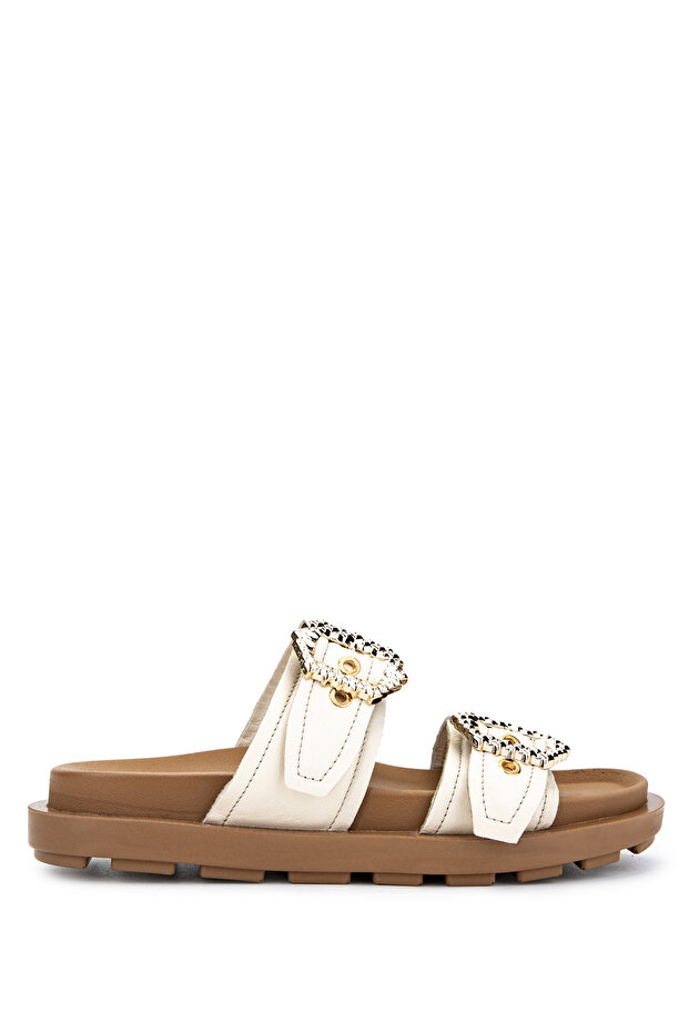 Women's Genuine Leather Beige Flat Slippers