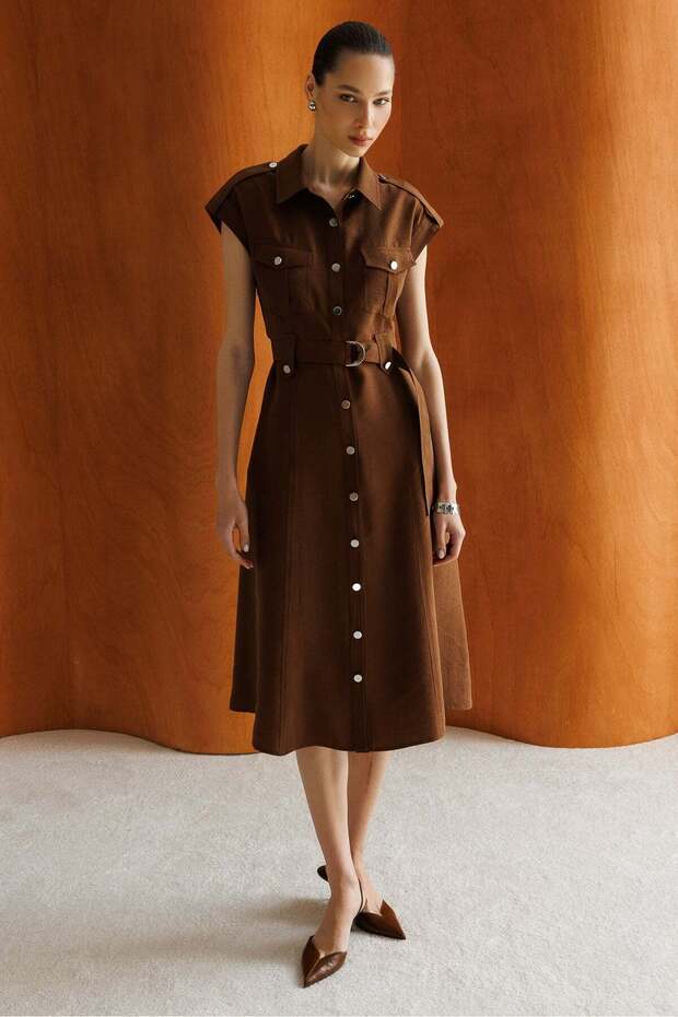 Modailgi Shoulder Epaulettes Short Sleeve Belted Waist Midi Length Dress