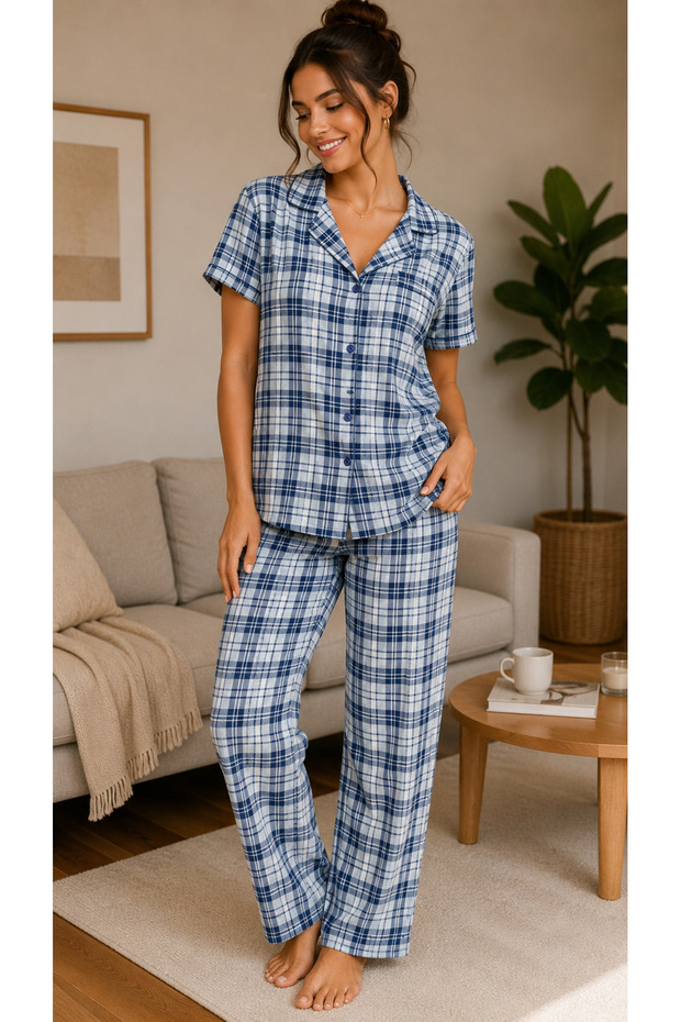 # Pajamaset Women's Short-Sleeved Buttoned Cotton Home Wear Set Comfortable Fit Buttoned Front-Opening Home Wear Stylish Quality Sleepwear Eid Casual Pajama Set