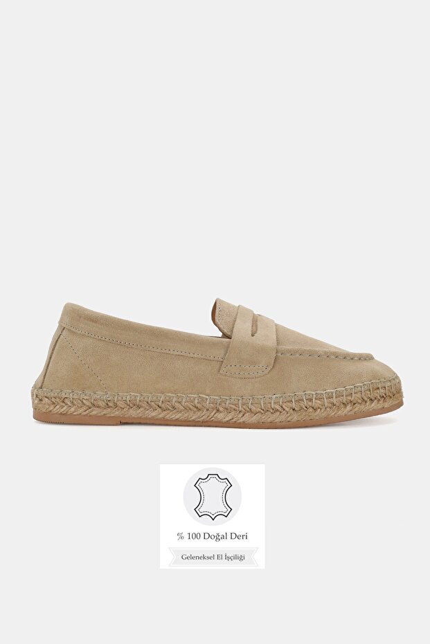 Women's Beige Suede Genuine Leather Espadrilles with Flat Sole, Size 36-41