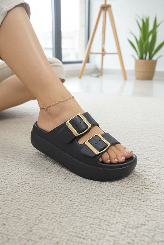 Women's Plastic Thick-Soled Double Buckle Lightweight Comfortable Daily Slippers