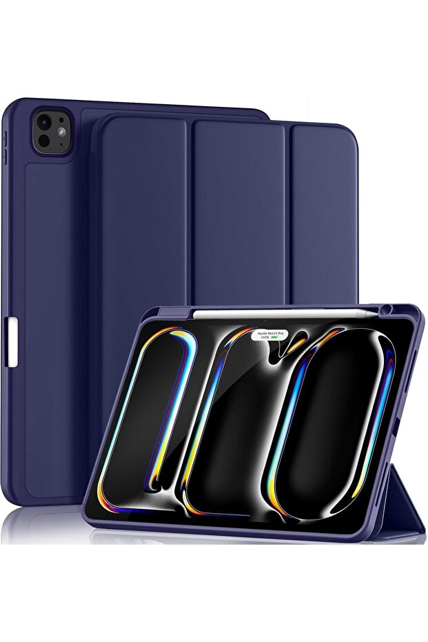 Compatible with iPad Pro M4 11 Inch Case 2024 with Pencil Holder, Slim Smart Protective Cover, Navy Blue
