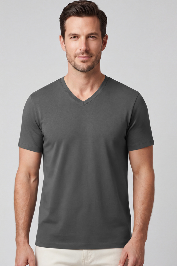 Men's Vision V-Neck Premium Quality Dense Textured Cotton T-Shirt Dark Gray M102-R0220-05