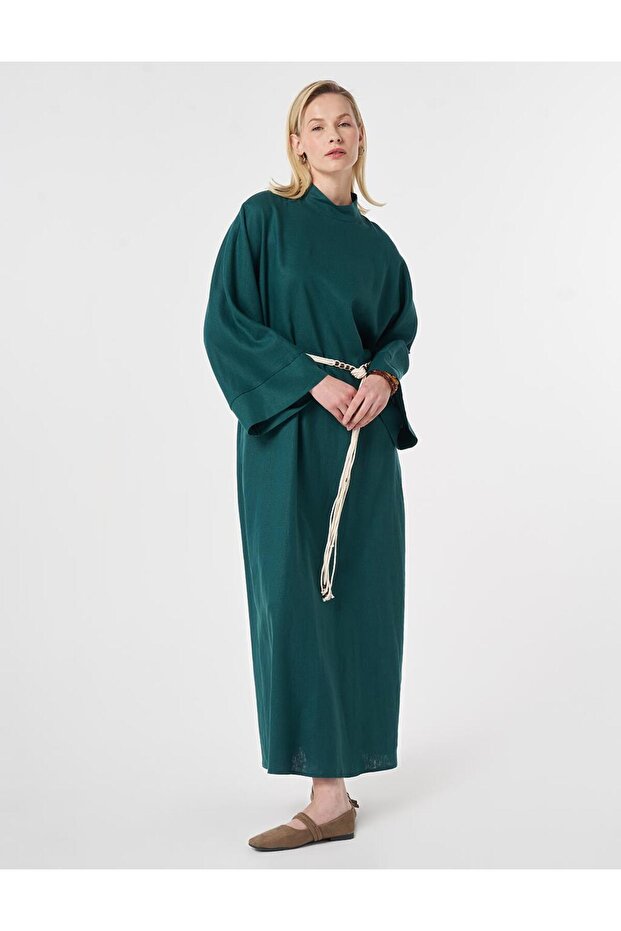 Linen Lyocell Dress with Rope Belt Pine Green