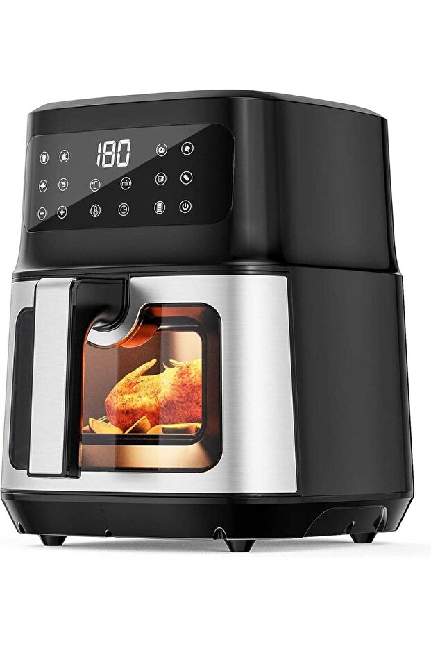 Digital Air Fryer, 5L Capacity, Touch Screen Control, LED Display, Viewing Window, Black and Silver
