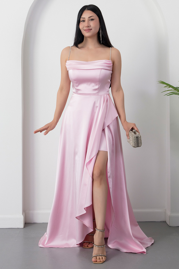 Strapless Neckline Rhinestone Straps Ruffle Satin Dress Drp582