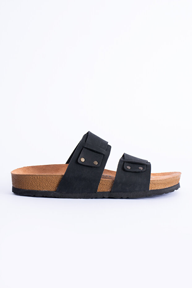 Men's Staple Detailed Double-Strapped Cork Sole Suede Slippers