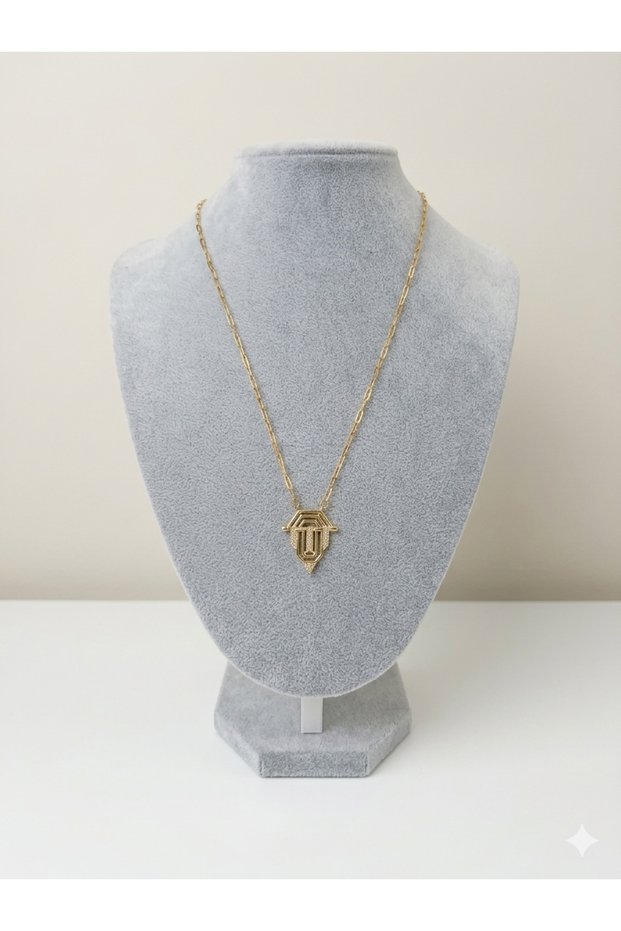 Serenay Necklace Minimal Geometric Stone Detailed Gold Color Steel Necklace
