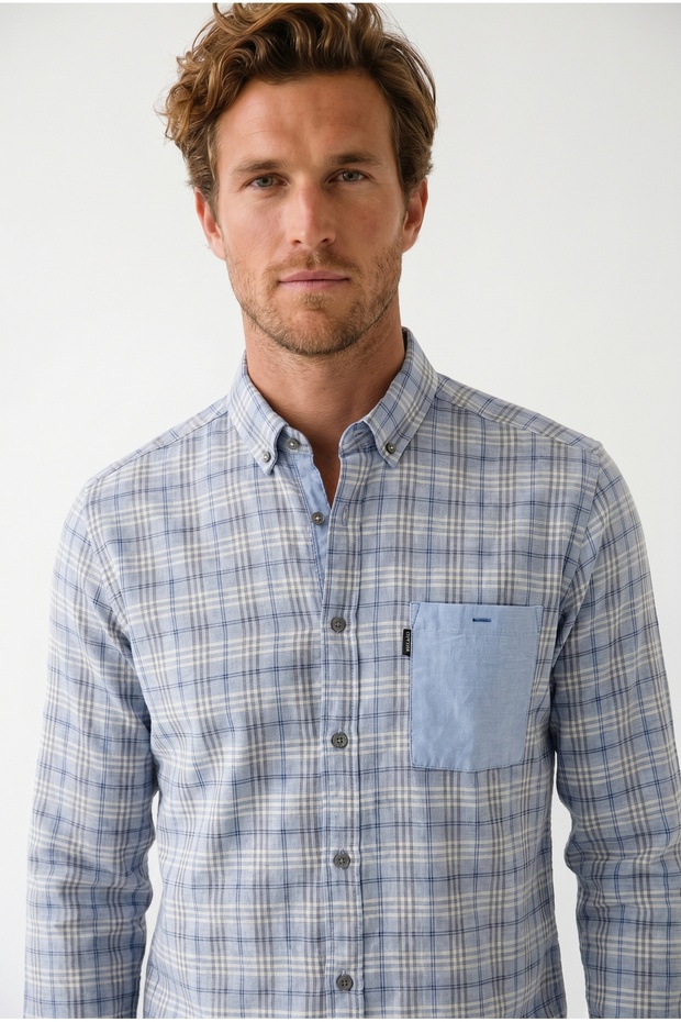 Men's Long Sleeve Plaid Linen Shirt 2402