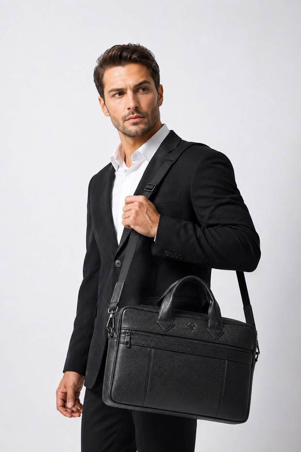 Black Leather Crossbody Laptop & Briefcase Bag 6083