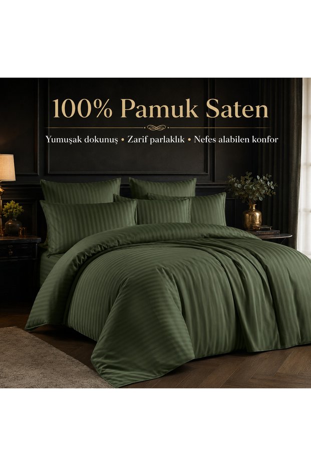 100% Cotton Satin Striped Double Duvet Cover Set - Green