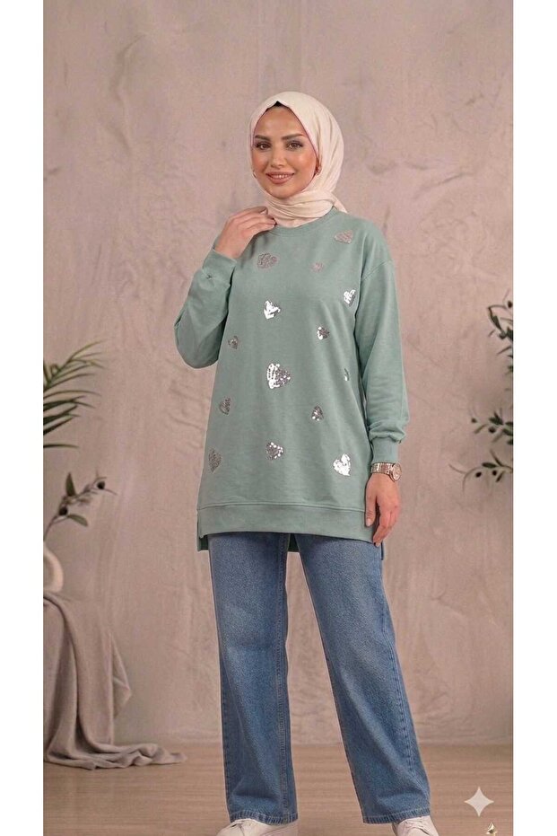 Women's Sequin Embroidered Heart Patterned Hijab Tunic Sweatshirt