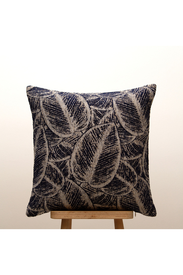 Leaf Patterned Throw Pillow Cover Navy Blue Beige Decorative Modern Design