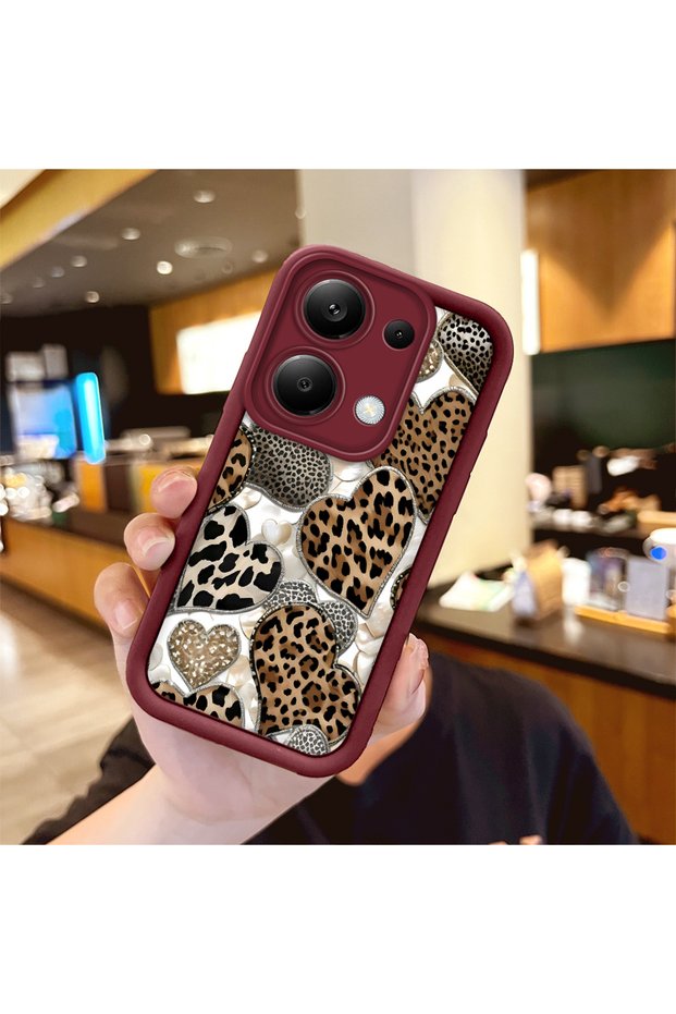 Xiaomi Redmi Note 13 Pro 4g Compatible Case Camera Protector Claret Red Silicone Couple Phone Case with Leopard Pattern