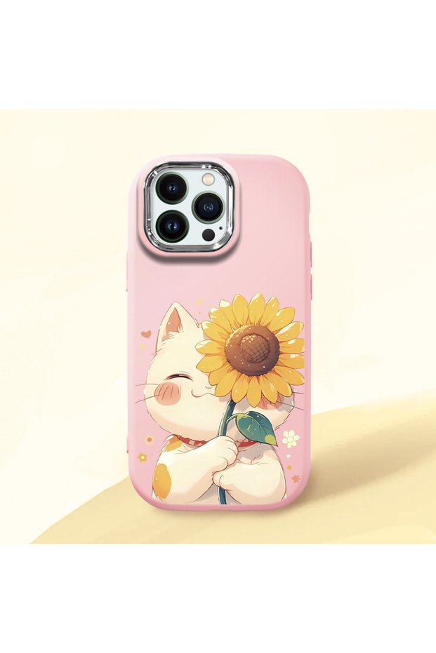iPhone 12 Pro Max Compatible Case with Camera Protection Pink Silicone Couple Phone Case with Cat Pattern