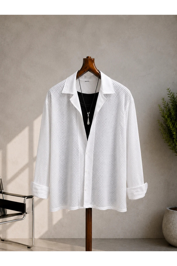 Oversize Perforated Satin White Shirt and Undershirt