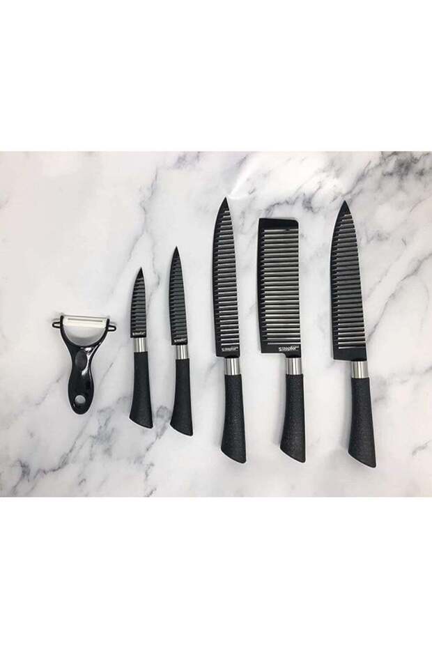 Kitchen Knife Set 6 Pcs includes a chopper, bread knife, paring knife, scissors, and ceramic peeler | WIDGETS MATRIX