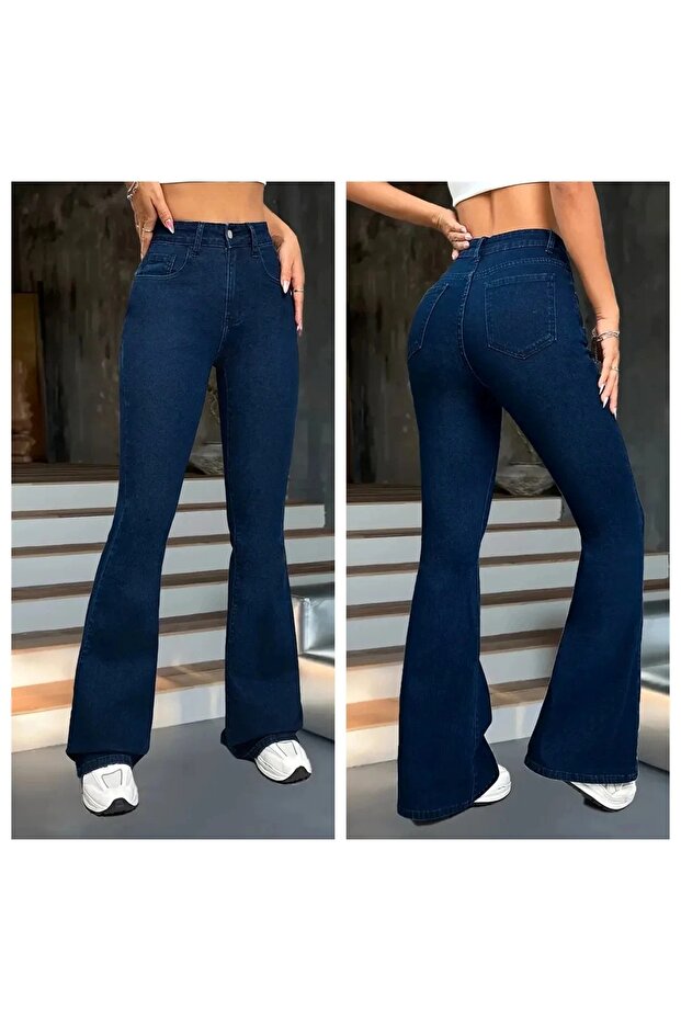 Women's High-Waisted Spanish Flare Jeans – Navy Blue Jeans with Flared Legs