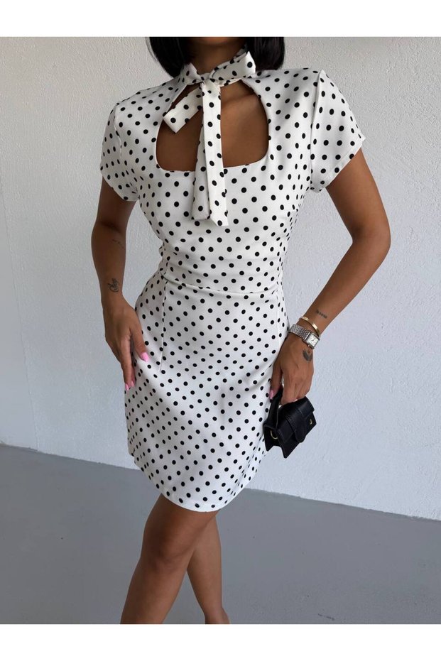 A Quality Tie-Neck Mini Dress with Back Zipper, Polka Dot Atlas Fabric, U-Necklace.