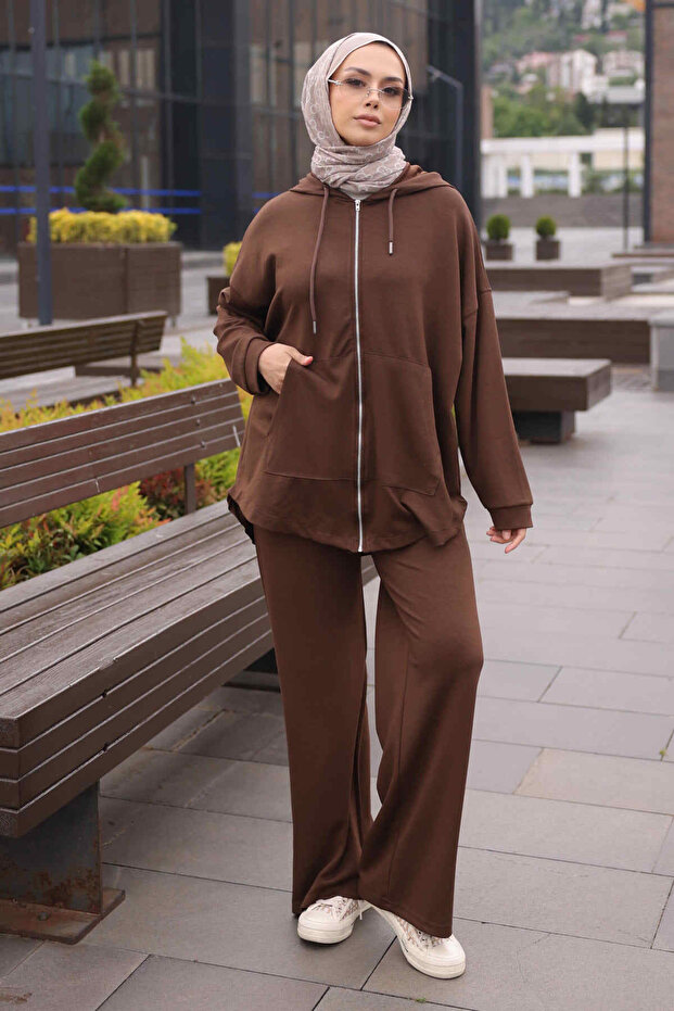 Brown Zippered Tunic and Pants Modal Set
