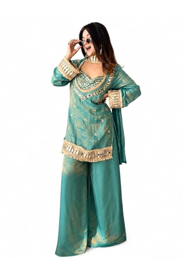 Blue Fendy Silk Embroidered Sharara Suit with Mirror Work - HRT7952 | Blue