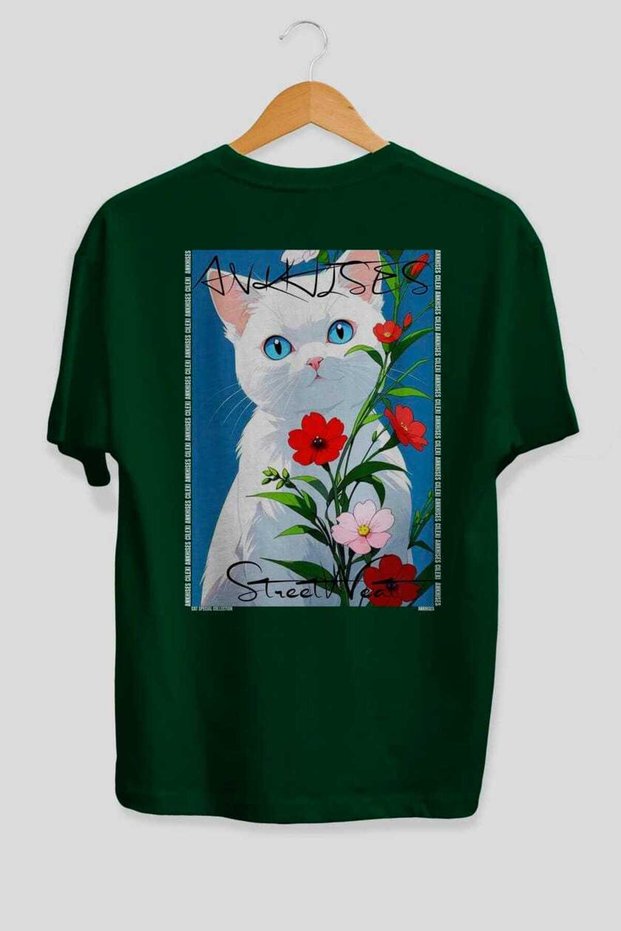 For the Love of Cats 115 Cat Printed Green Oversize T-Shirt 100% Cotton Unisex Cat Lover Premium Design